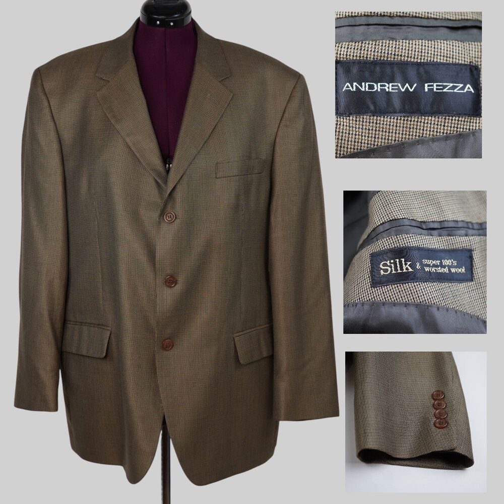 Andrew Fezza Silk Wool Sport Coat Blazer Men 46R  Brown Houndstooth 3BTN Classic